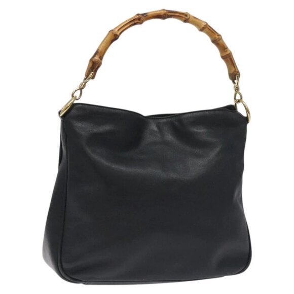 GUCCI Bamboo Hand Bag Leather Black Gold 001 1638 3754 Auth 130571 - Picture 1 of 16